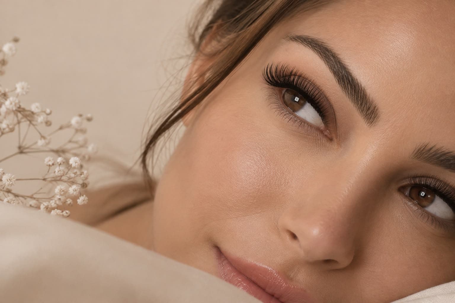 Natürliches leichtes Volumen einer Wimpernverlängerung in Nahaufnahme